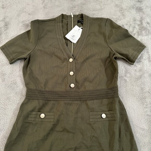 NWT Ted Baker Katanna Utility Stretch Knit Olive Green Dress Size 5 US 12 Large - Picture 2 of 8